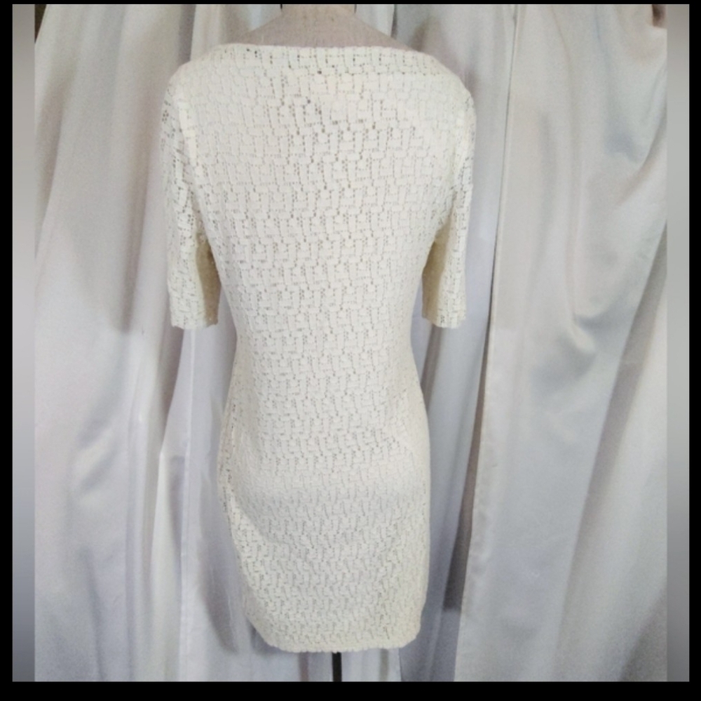 Banana Republic Lace Dress + Ivory, Midi Shift, 1/2 Sleeve Boat Neck, Lined,  M - Picture 3 of 8